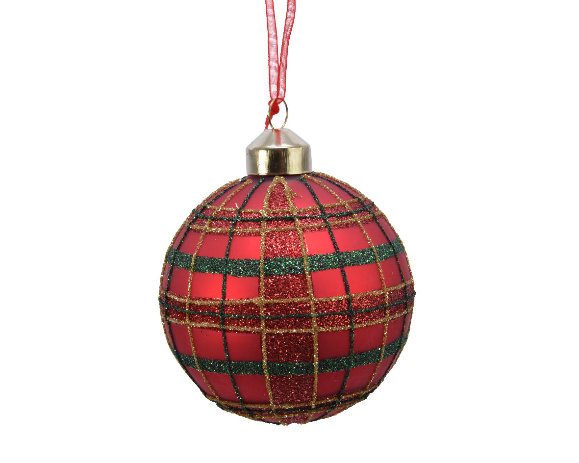 Set 3 Palline in Vetro Ø 8 cm – Scacchi Rosso/Verde con Glitter (cod. 067386)