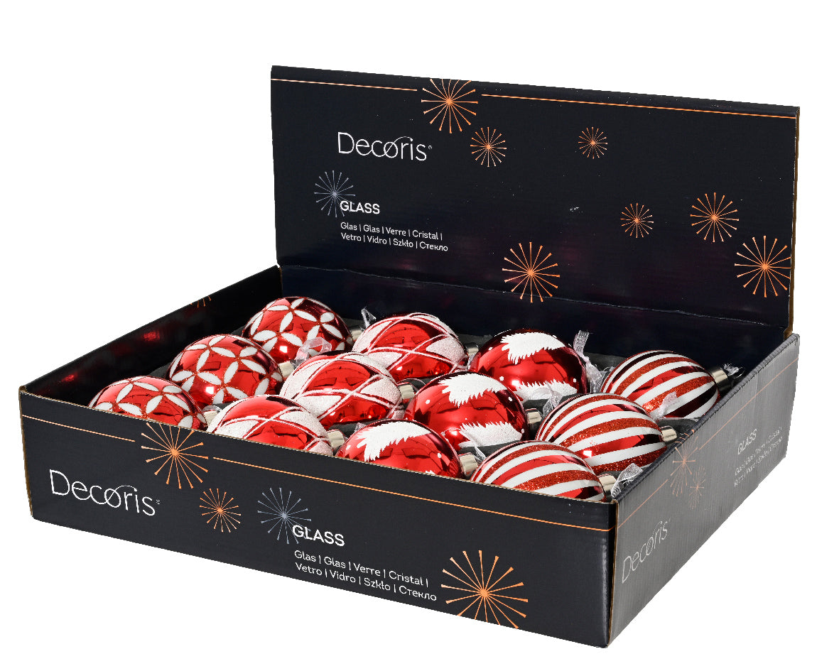 Set 12 Palline in Vetro Ø 8 cm – Rosse con Decoro Bianco, 4 Motivi Assortiti (cod. 071062)