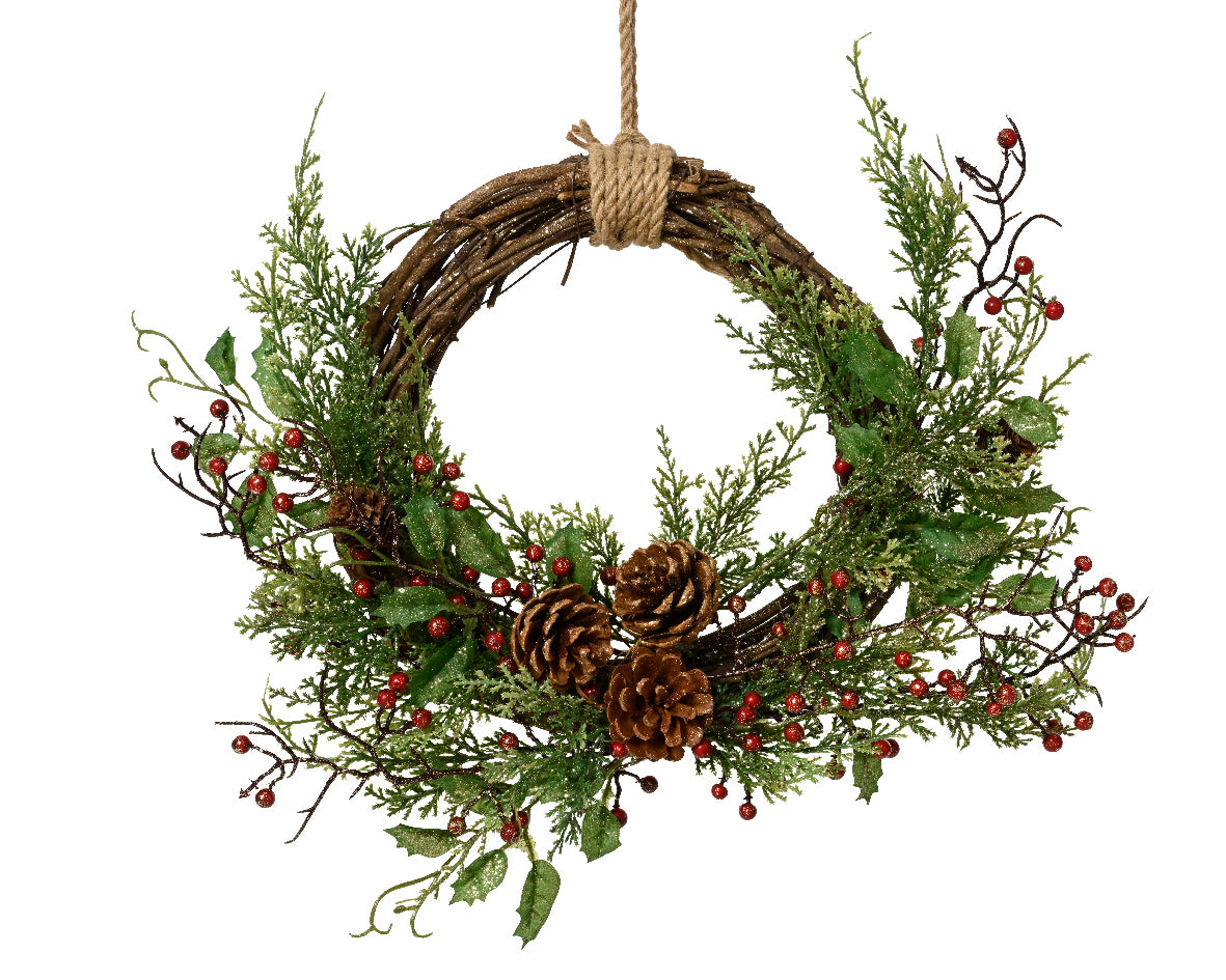 Ghirlanda Berry Glitter Ø30 cm Verde con Bacche Rosse e Pigne (cod. 682913) – Everlands