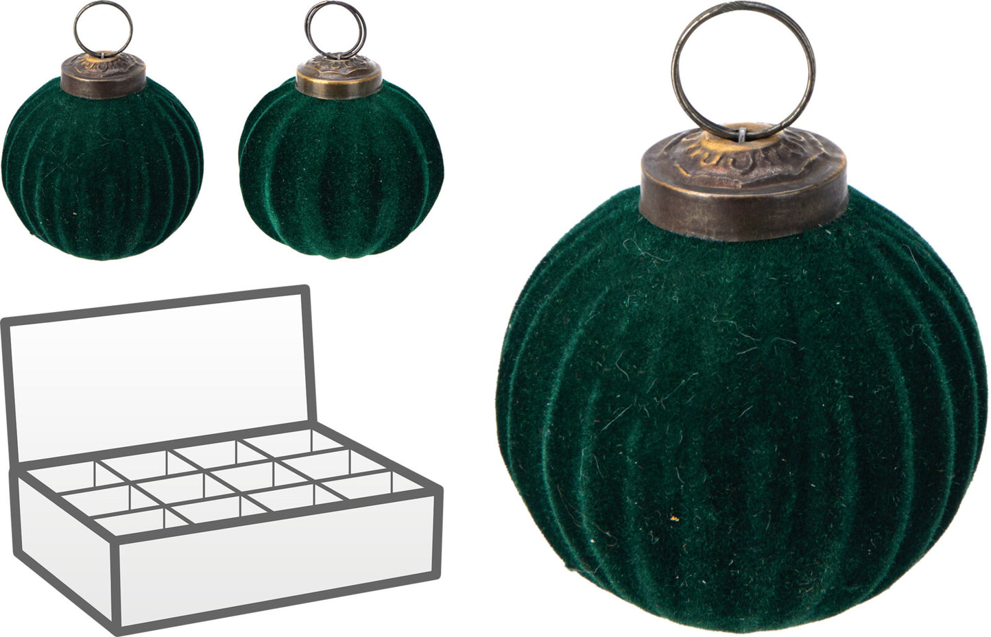 12 Sfere Natalizie in Vetro Floccate Rigate – Rosso e Verde