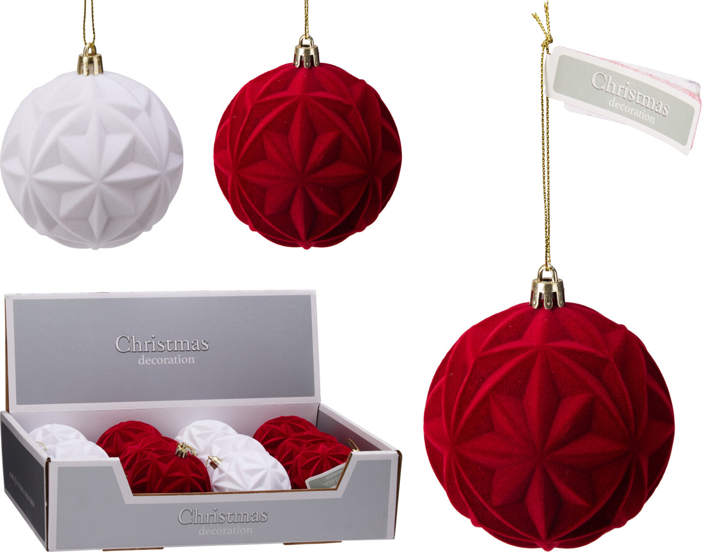 12 Palline di Natale Floccate 80 mm con Motivi Geometrici – 2 Assortimenti (cod. ABJ450120)