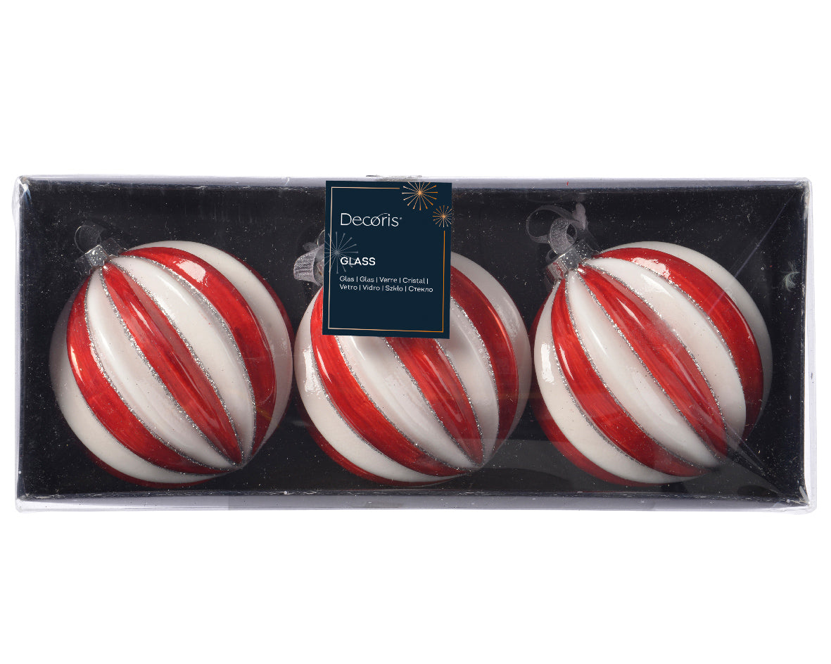 Set da 3 Palline in Vetro Rosso e Bianco Ø 8 cm