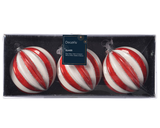 Set da 3 Palline in Vetro Rosso e Bianco Ø 8 cm