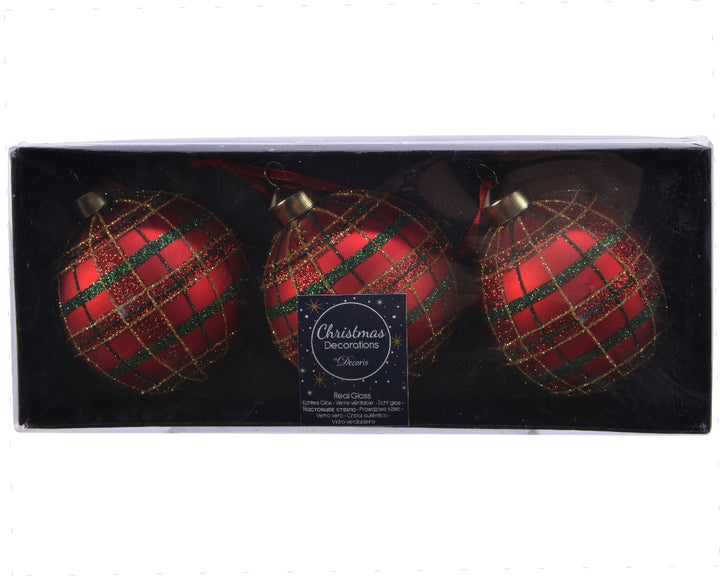 Set 3 Palline in Vetro Ø 8 cm – Scacchi Rosso/Verde con Glitter (cod. 067386)