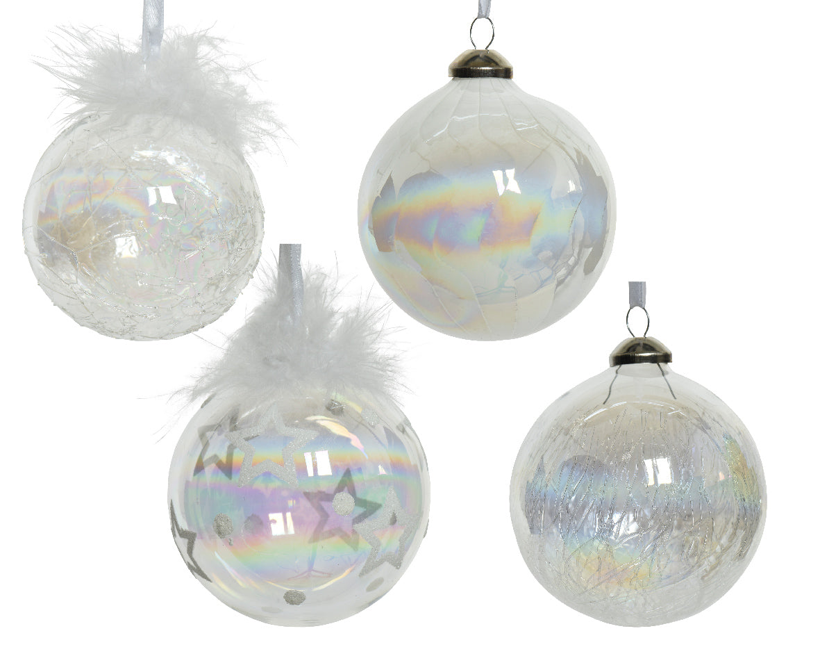 Set 12 Palline in Vetro Iridescente Trasparente Ø 8 cm – 4 Decori (cod. 069306)