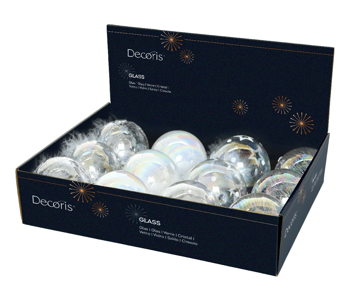 Set 12 Palline in Vetro Iridescente Trasparente Ø 8 cm – 4 Decori (cod. 069306)