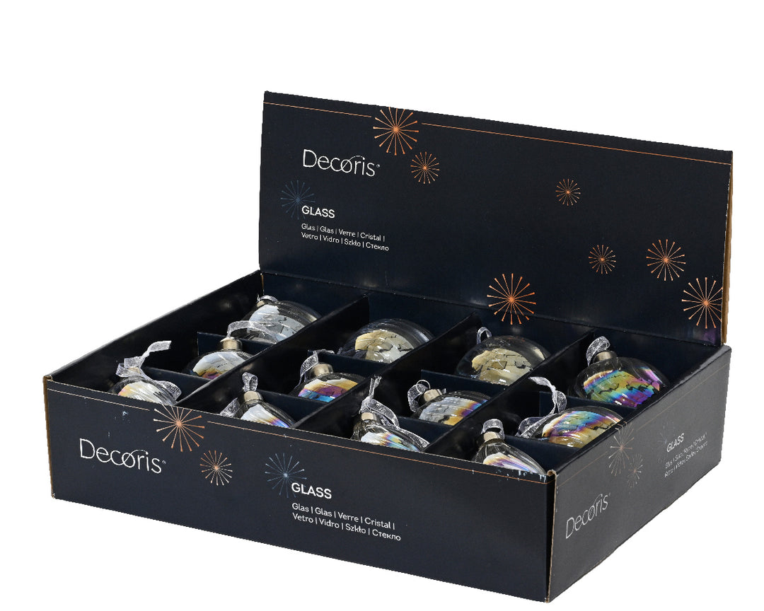 Set 12 Palline in Vetro Iridescente Ø 8 cm – 3 Assortimenti (cod. 070690)