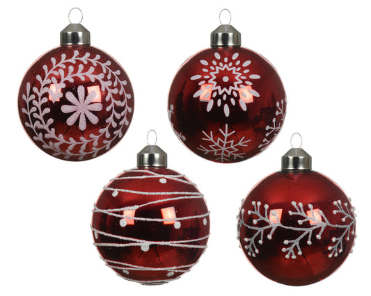Set 12 Palline in Vetro Ø 8 cm Rosse con Decoro Bianco e Finiture Silver Inside – 4 Tipi di Decoro (cod. 070757)