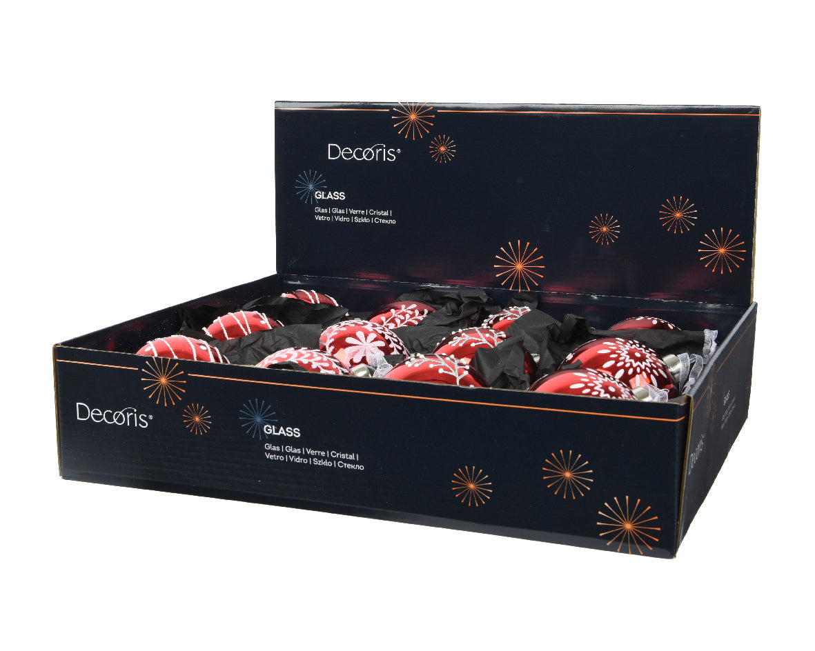Set 12 Palline in Vetro Ø 8 cm Rosse con Decoro Bianco e Finiture Silver Inside – 4 Tipi di Decoro (cod. 070757)