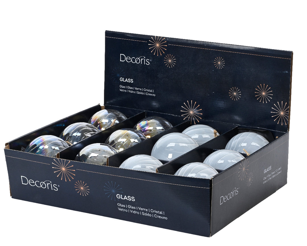 Set 12 Palline in Vetro Ø 10 cm – Iridescente e Bianco (cod. 070918)