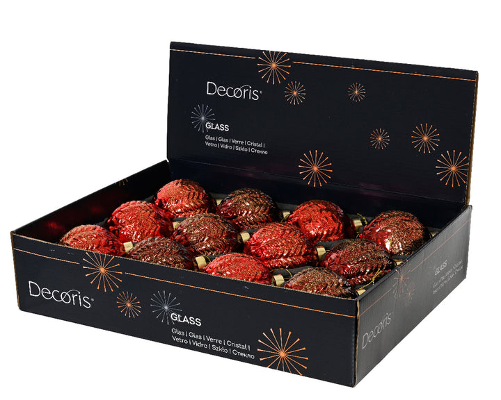 Set 12 Palline in Vetro Ø 8 cm – Rosso Natalizio con Glitter in 2 Tonalità (cod. 071017)