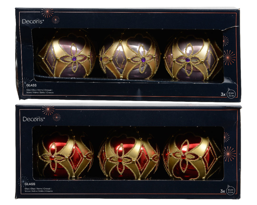 Scatola 3 Palline in Vetro Ø 8 cm – Rosa Antico/ Oro Chiaro (cod. 071020)