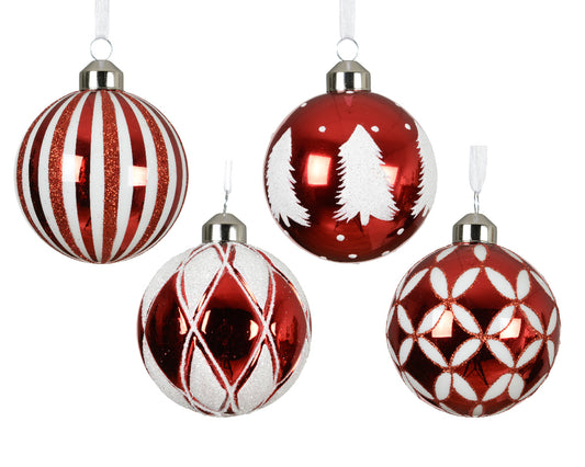 Set 12 Palline in Vetro Ø 8 cm – Rosse con Decoro Bianco, 4 Motivi Assortiti (cod. 071062)
