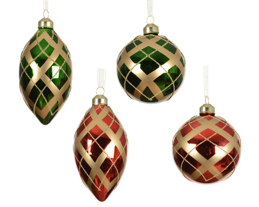Set 12 Palline in Vetro Ø 8 cm – Rosse e Verdi con decoro Oro (cod. 071244)