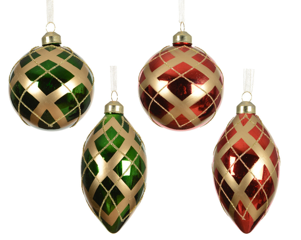 Set 12 Palline in Vetro Ø 8 cm – Rosse e Verdi con decoro Oro (cod. 071244)