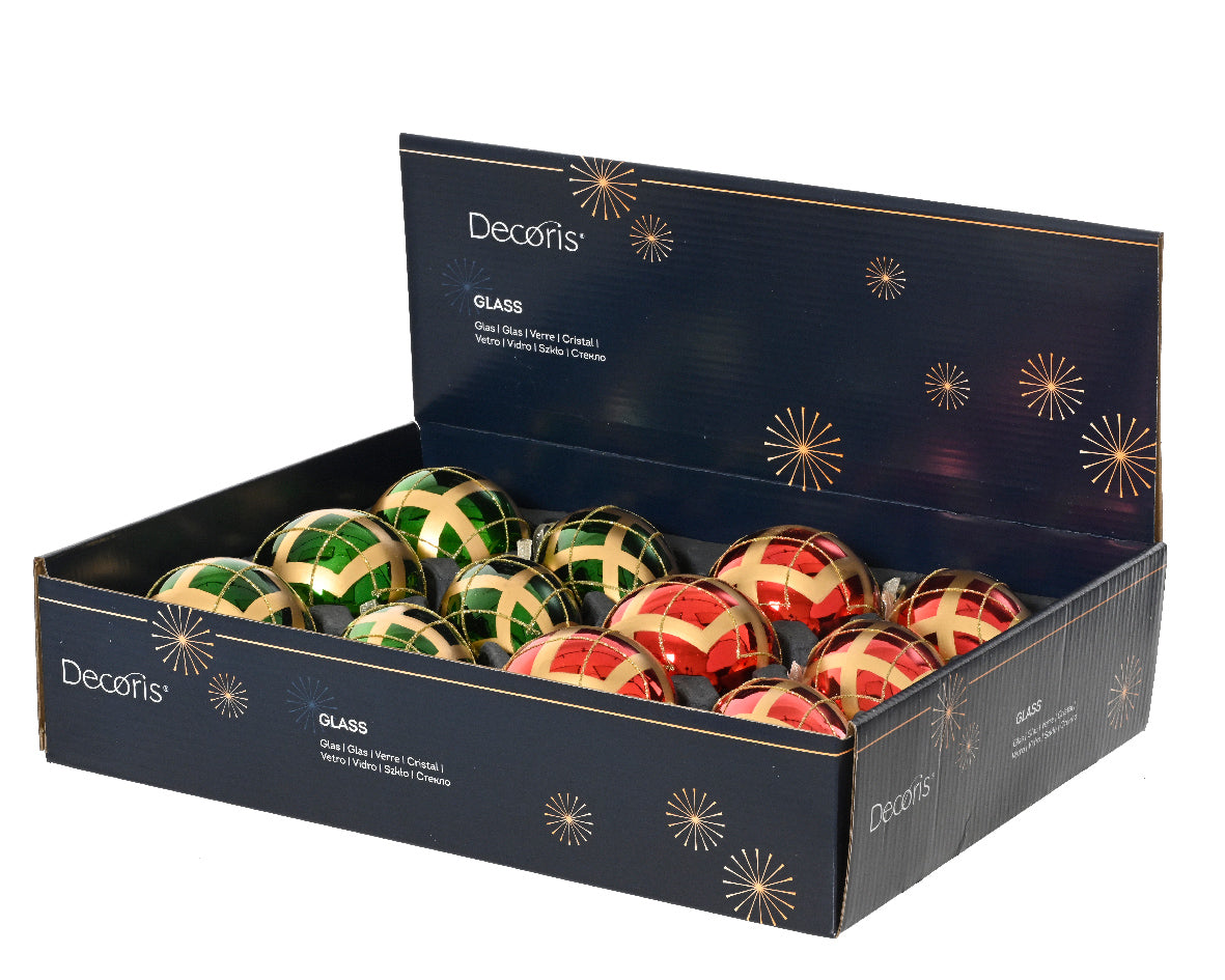 Set 12 Palline in Vetro Ø 8 cm – Rosse e Verdi con decoro Oro (cod. 071244)