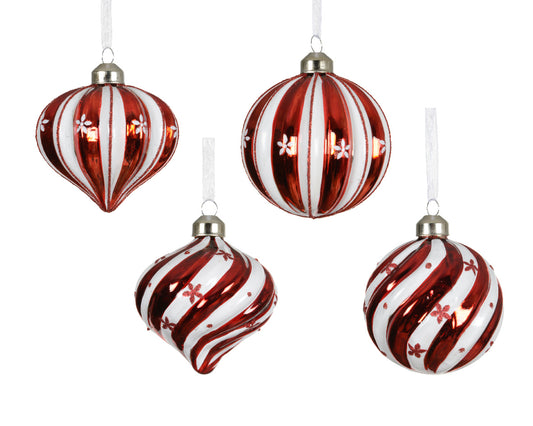 Set 12 Palline in Vetro Ø 8 cm – Rosse e Bianche con Fiorellini, 4 Modelli (cod. 071259)