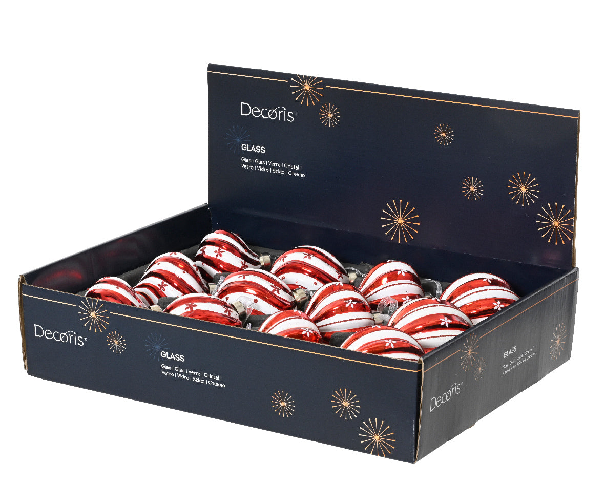 Set 12 Palline in Vetro Ø 8 cm – Rosse e Bianche con Fiorellini, 4 Modelli (cod. 071259)