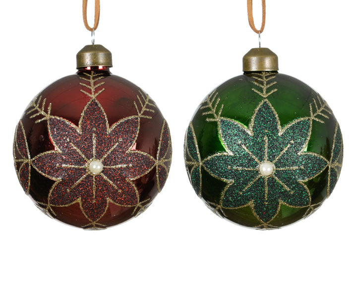 Set 12 Palline in Vetro Ø 8 cm – Glitterate con Decoro Floreale, Rosso e Verde (cod. 071311)