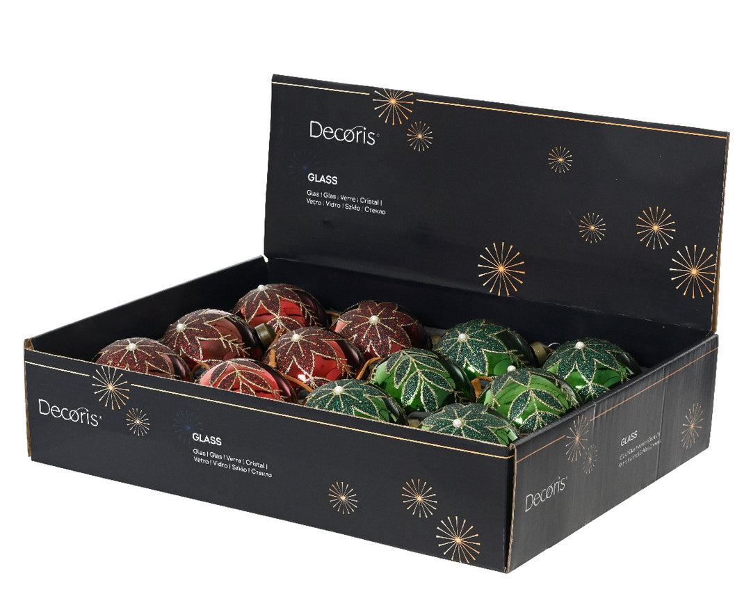 Set 12 Palline in Vetro Ø 8 cm – Glitterate con Decoro Floreale, Rosso e Verde (cod. 071311)