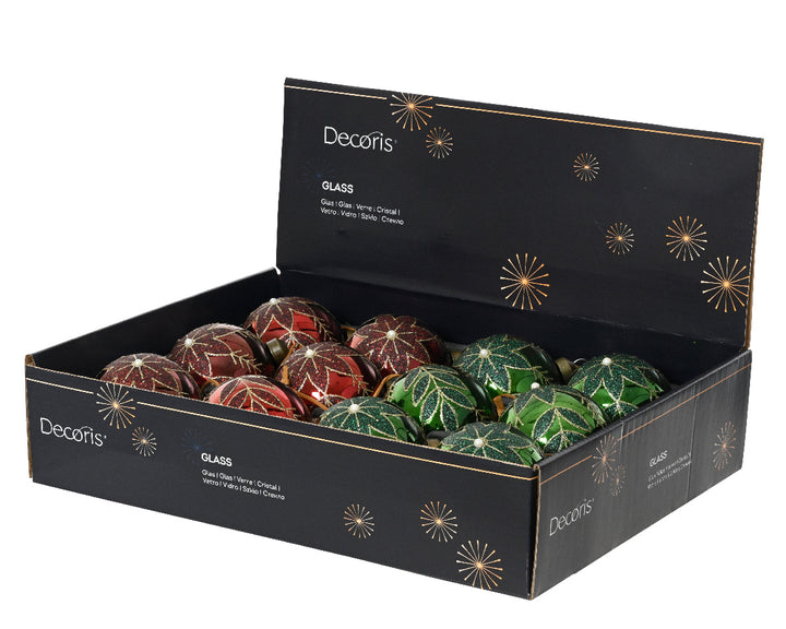 Set 12 Palline in Vetro Ø 8 cm – Glitterate con Decoro Floreale, Rosso e Verde (cod. 071311)