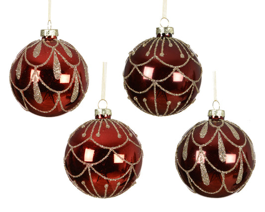 Set 12 Palline in Vetro Ø 8 cm – Rosse con Glitter Oro, 2 Tonalità e 2 Disegni (cod. 071360)