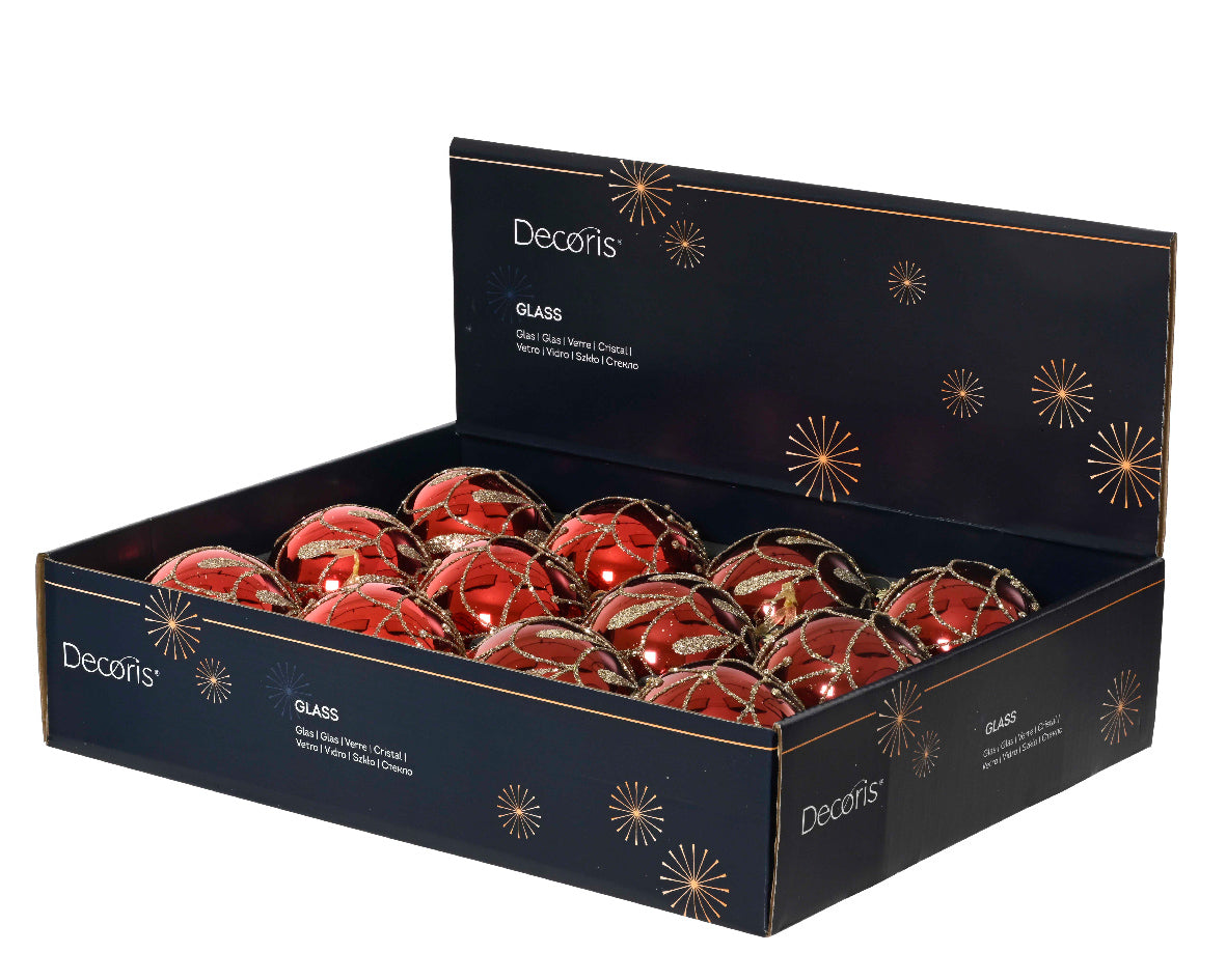 Set 12 Palline in Vetro Ø 8 cm – Rosse con Glitter Oro, 2 Tonalità e 2 Disegni (cod. 071360)