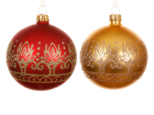 Set 6 Palline in Vetro Ø 8 cm – Oro e Rosso Matt con Decoro Barocco (cod. 081046)
