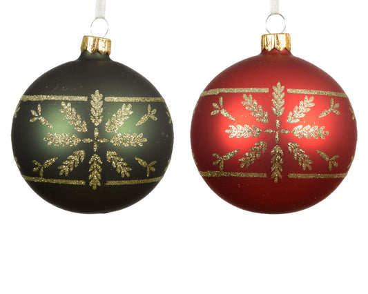 Set 6 Palline in Vetro Ø 8 cm – Rosso e Verde Matt con Decoro Fiocco di Neve (cod. 081106)