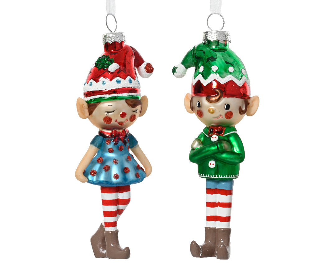 Elfo in Vetro Lucido e Opaco con Cappello e Glitter 5,5 × 3,5 × 14 cm – 2 Modelli Assortiti (cod. 129648)