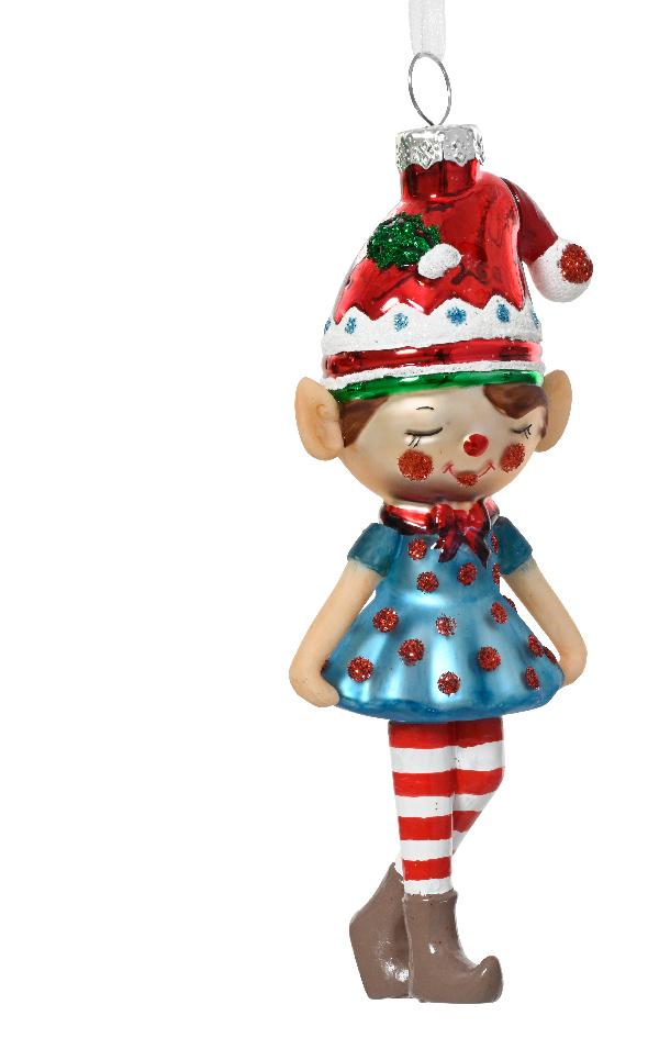 Elfo in Vetro Lucido e Opaco con Cappello e Glitter 5,5 × 3,5 × 14 cm – 2 Modelli Assortiti (cod. 129648)