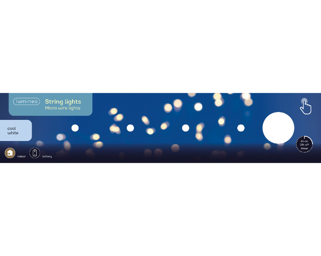 Catena Luminosa a Batteria con 60 Micro LED Bianco Freddo – Cavo Argento, per Interno, Timer 6h (cod. 483801)