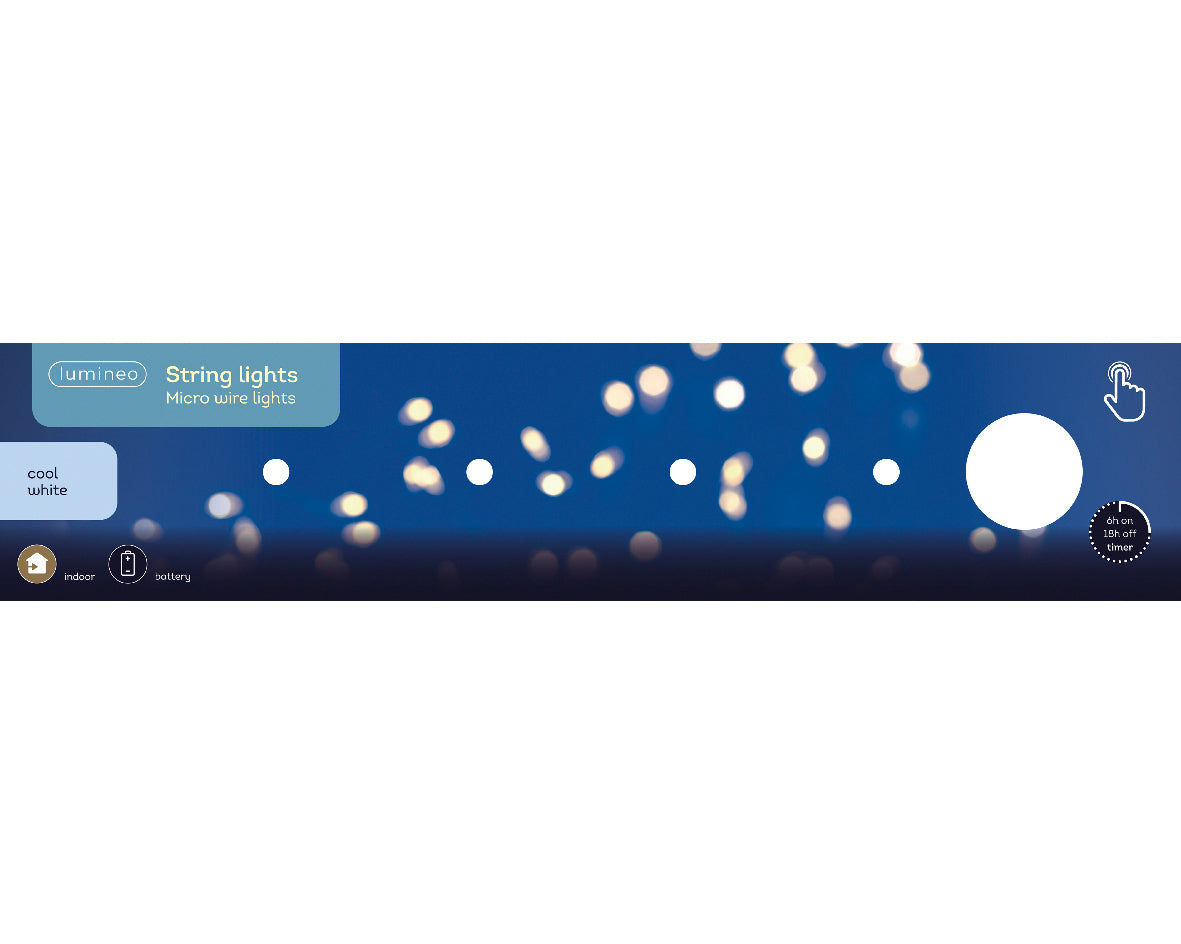 Catena Luminosa a Batteria con 60 Micro LED Bianco Freddo – Cavo Argento, per Interno, Timer 6h (cod. 483801)