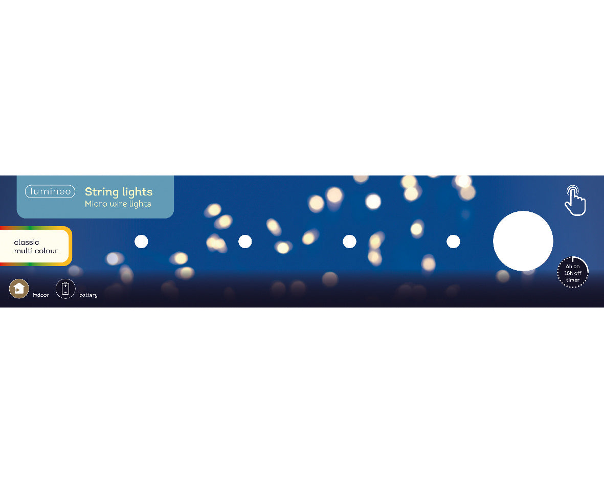 Catena Luminosa a Batteria con 100 Micro LED Multicolore – Cavo Argento, per Interno, Timer 6h (cod. 485033)
