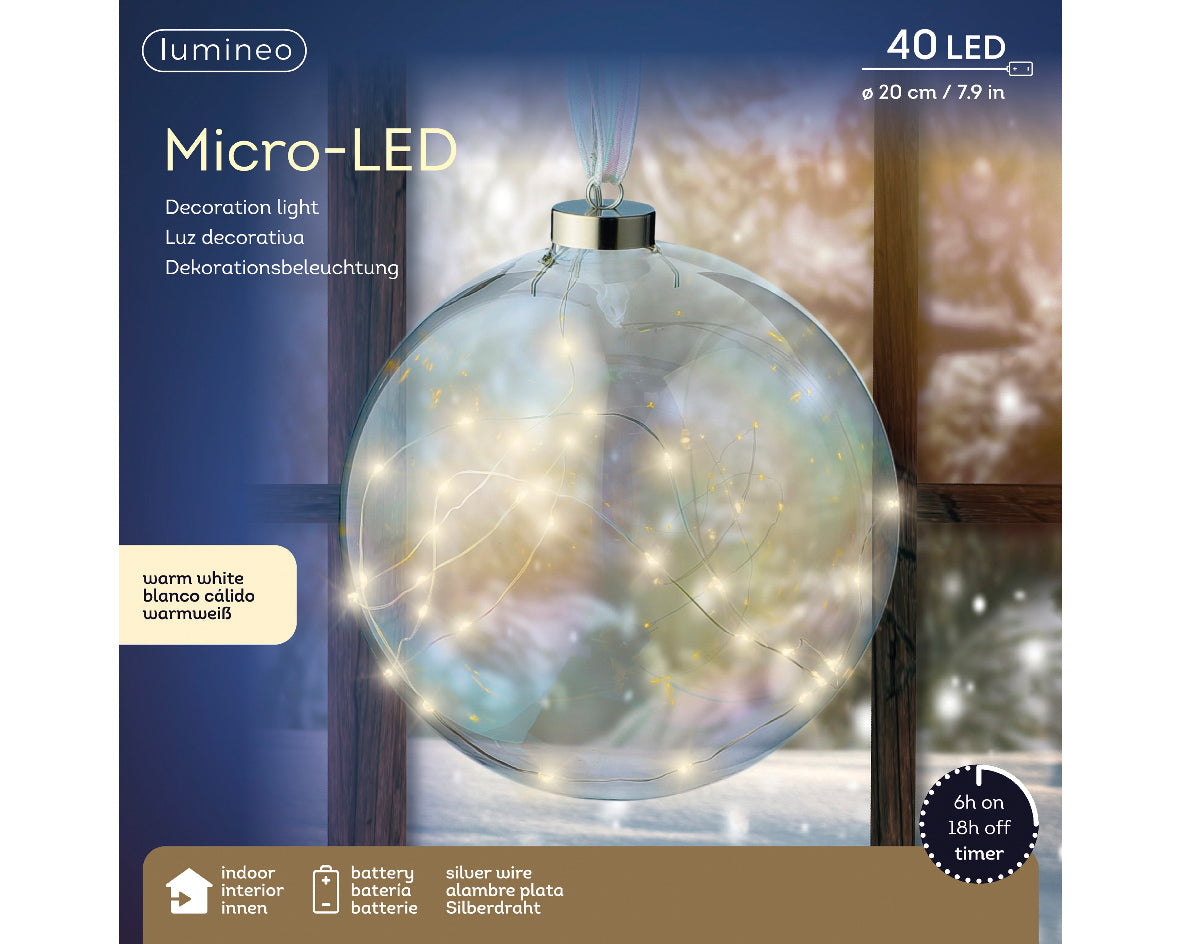 Micro LED Ball Steady BO Indoor – Catena a Batteria con 40 Micro LED Bianco Caldo, Cavo Argento, Timer 6h (cod. 487610 – Kaemingk)