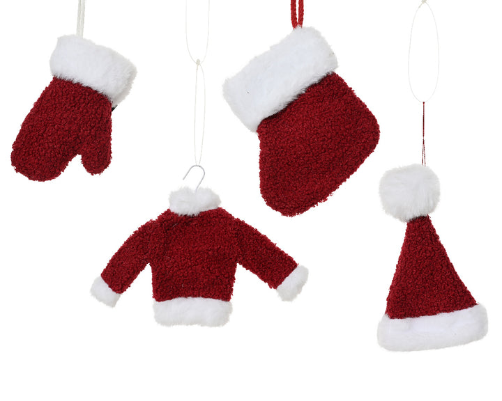 Decorazioni Natalizie in Poliestere Rosso/Bianco – Guanto, Calza, Cappello e Vestitino (cod. 530783 / 530784)