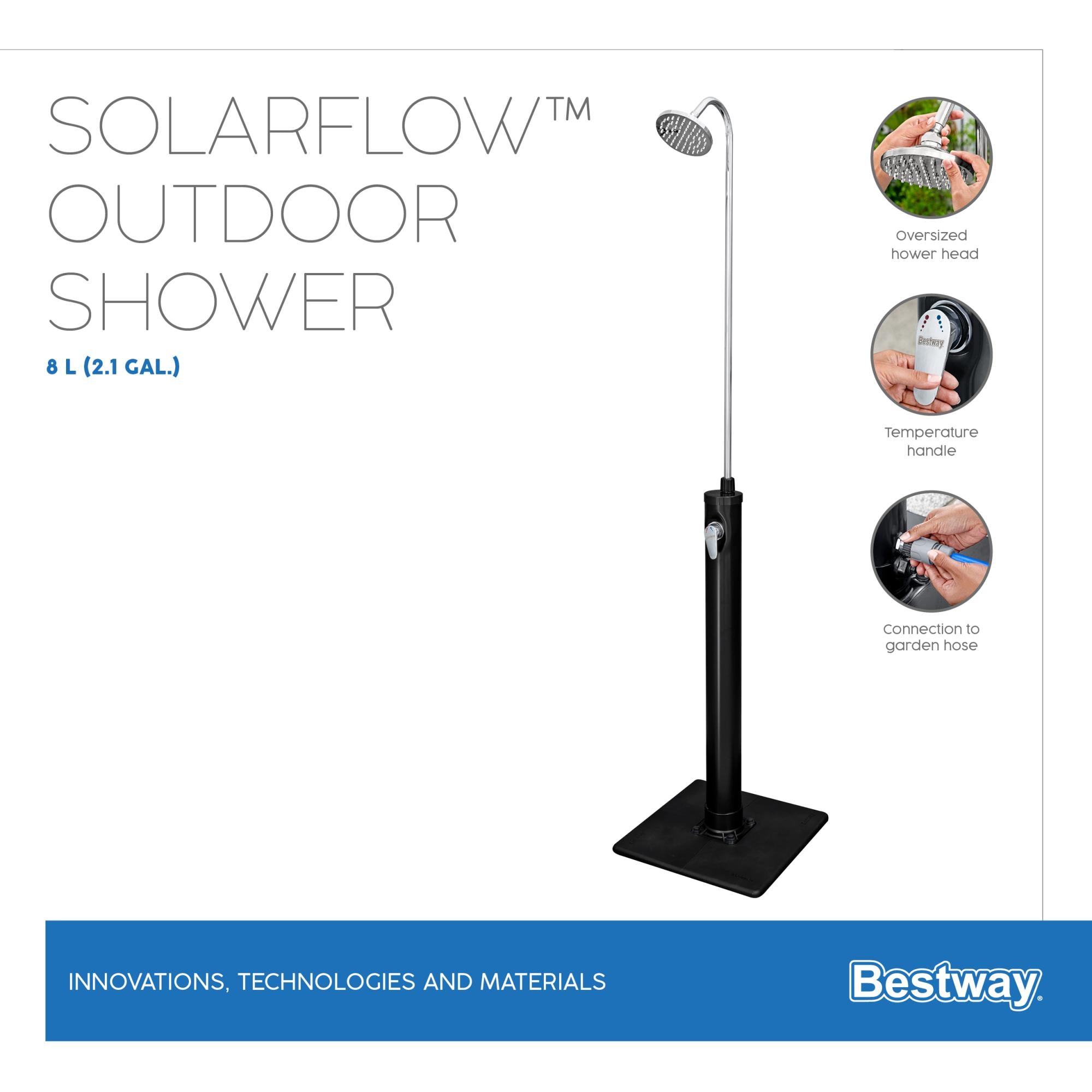 Doccia Solare da Giardino Bestway SolarFlow 8 Litri – Altezza 2,18 m con Soffione e Portasapone