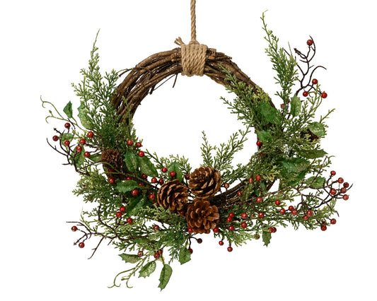 Ghirlanda Berry Glitter Ø30 cm Verde con Bacche Rosse e Pigne (cod. 682913) – Everlands