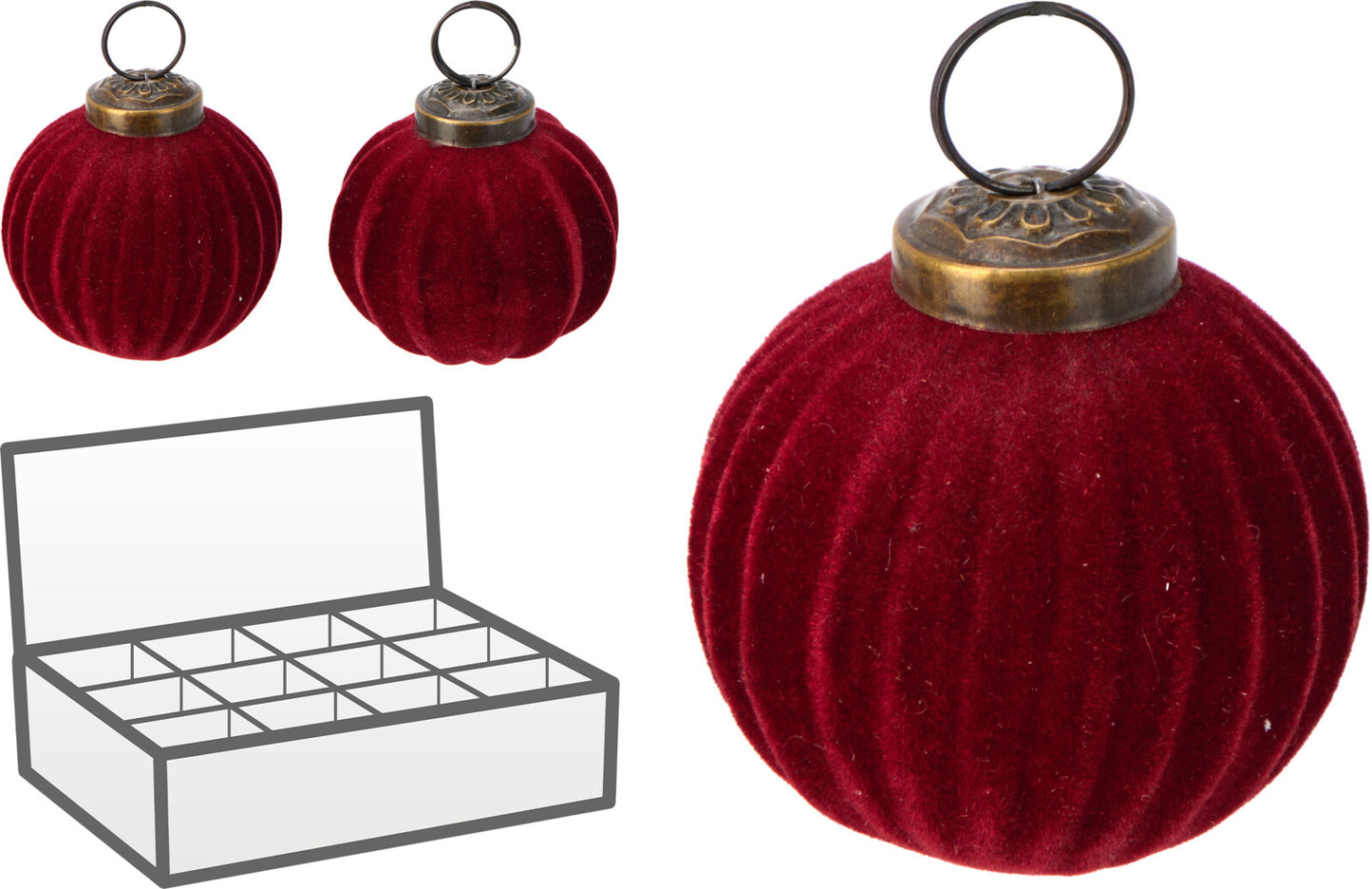 12 Sfere Natalizie in Vetro Floccate Rigate – Rosso e Verde