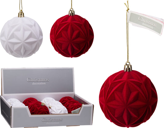 12 Palline di Natale Floccate 80 mm con Motivi Geometrici – 2 Assortimenti (cod. ABJ450120)