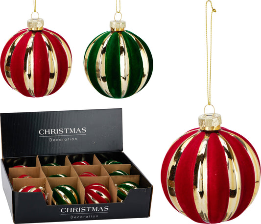 Palline di Natale in Vetro 8 cm con Strisce in Velluto – 2 Assortimenti (cod. ABR220930) – Kerst