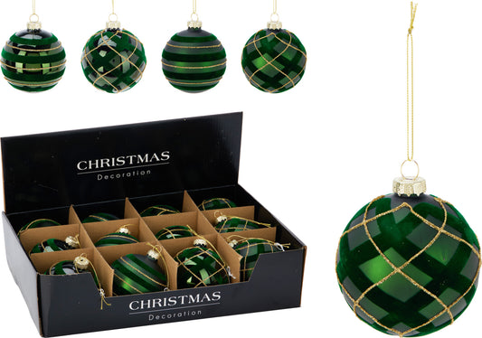 Palline di Natale in Vetro Verde 8 cm Decorate – 4 Assortimenti (cod. ABR220940) – Kerst