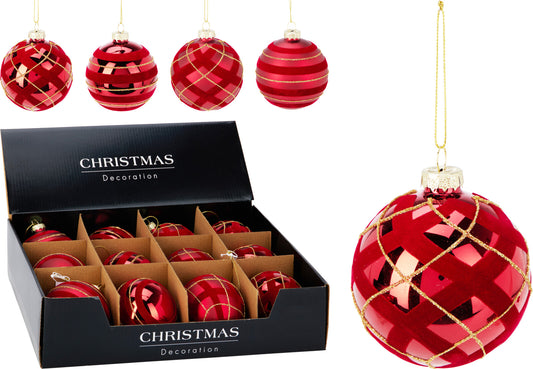 Palline di Natale in Vetro Rosse 8 cm Decorate – 4 Assortimenti (cod. ABR220950) – Kerst