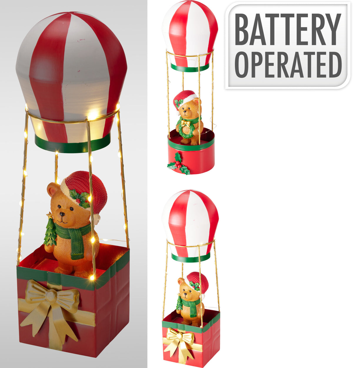 Orso Natalizio in Mongolfiera 37 cm con 25 LED, Modelli Assortiti