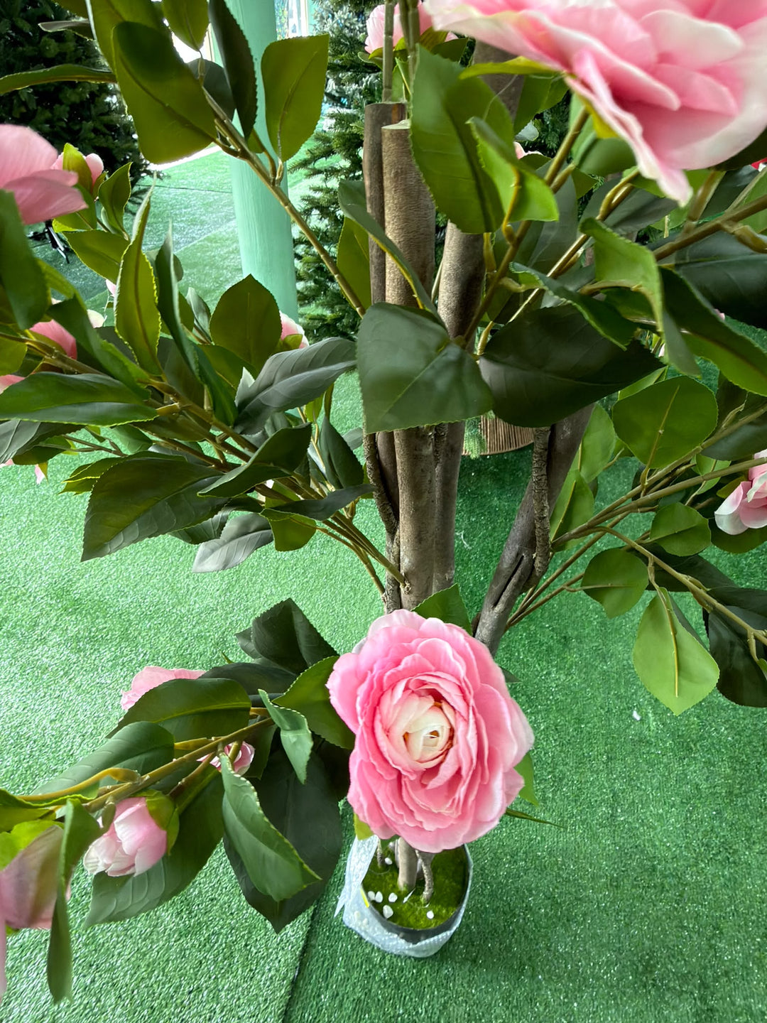 Albero artificiale fiorito con struttura in legno vero e fiori rosa