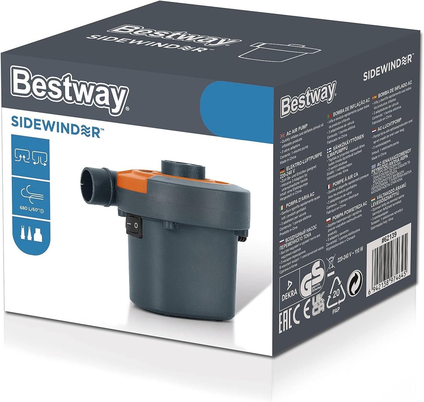 Pompa di Gonfiaggio Elettrica Bestway PowerTouch CA – 680 L/min con 3 Adattatori