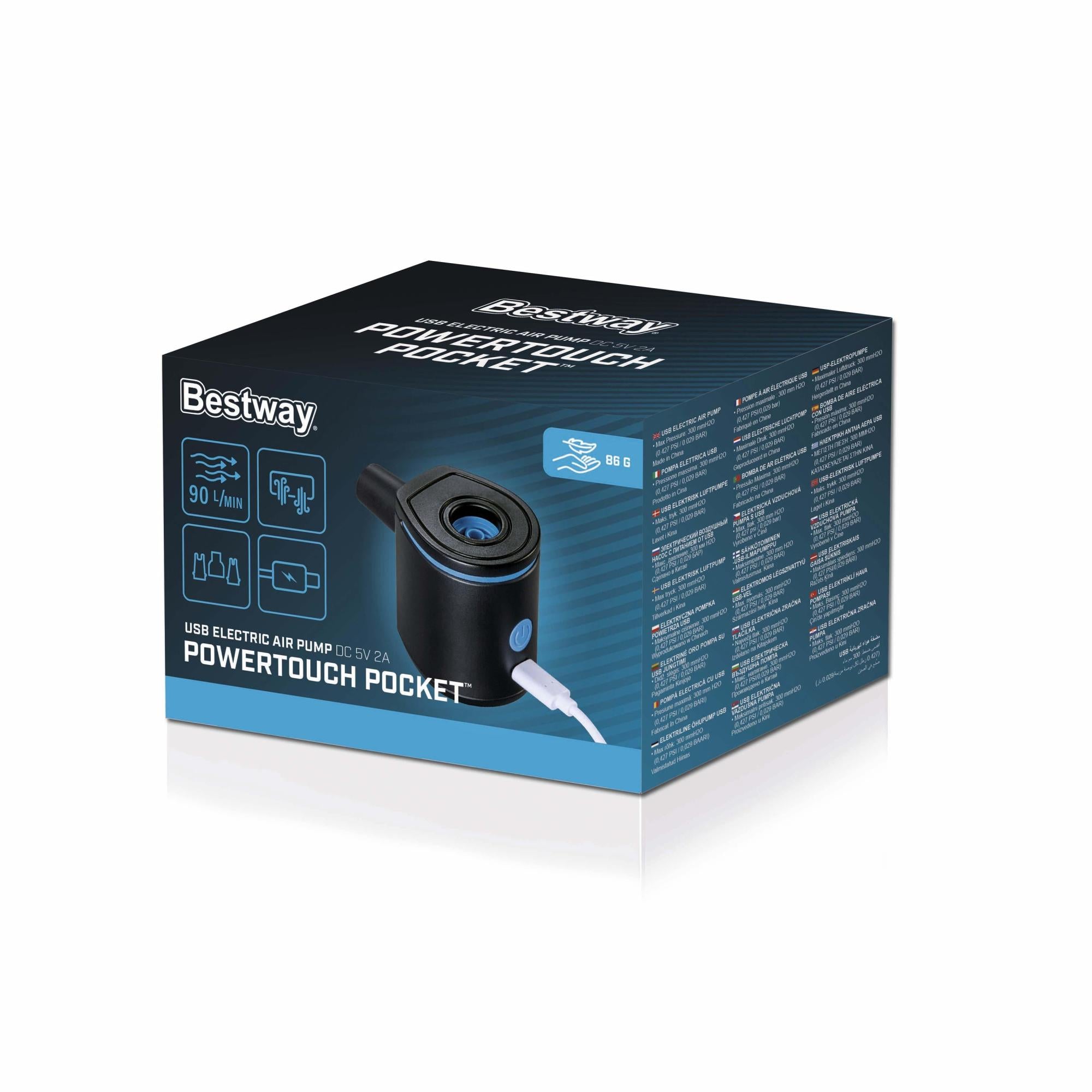 Pompa di Gonfiaggio Elettrica Bestway PowerTouch Pocket USB – 90 L/min con 3 Adattatori